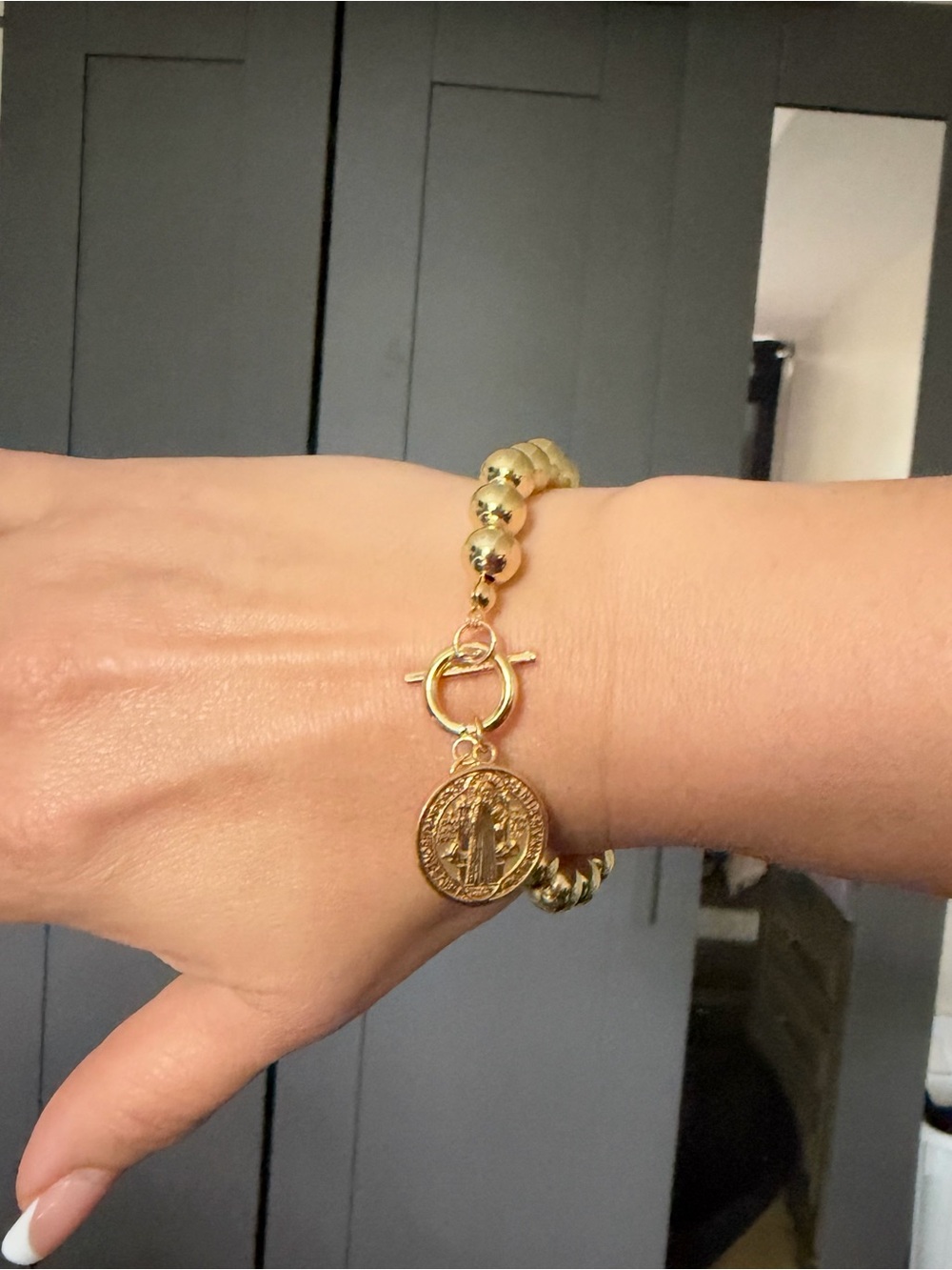 Gold Beaded Coin Charm Bracelet - Women Jewelry